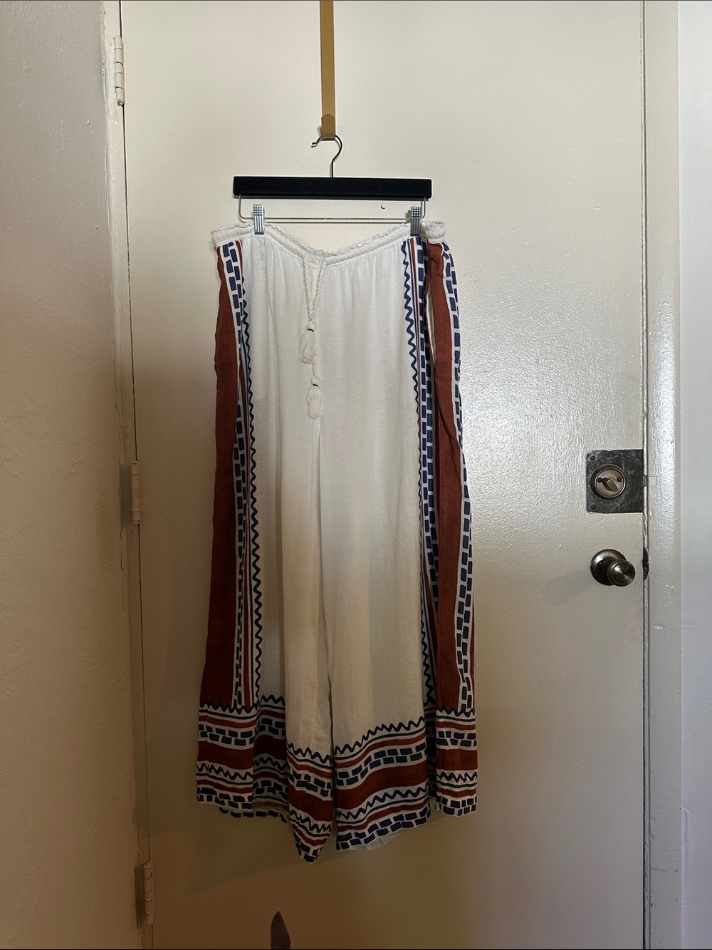 Anthropologie Cotton White Geometric Wide-Leg Cropped High Rise Tassel Pants 2X